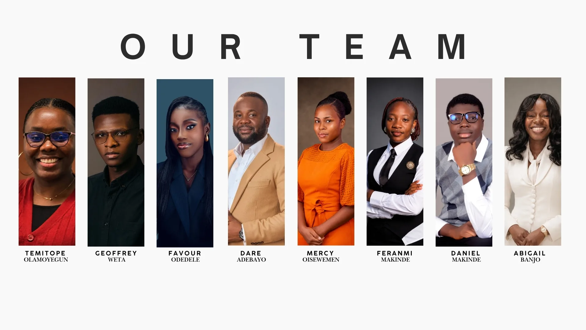 The IADEBAYO Foundation team: Temitope Olamoyegun, Geoffrey Weta, Favour Odedele, Dare Adebayo, Mercy Oisewemen, Feranmi Makinde, Daniel Makinde, and Abigail Banjo